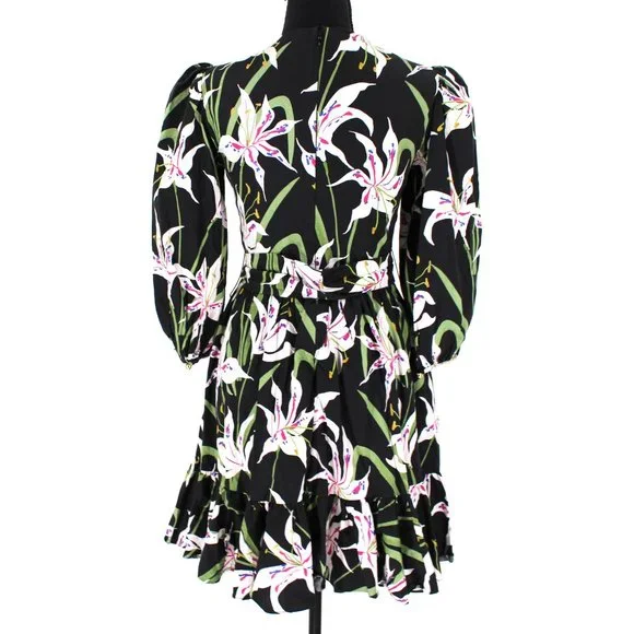 Borgo De Nor Anita Mini Dress Black Multicolor Lilly Print Ruffle Hem Belted 12